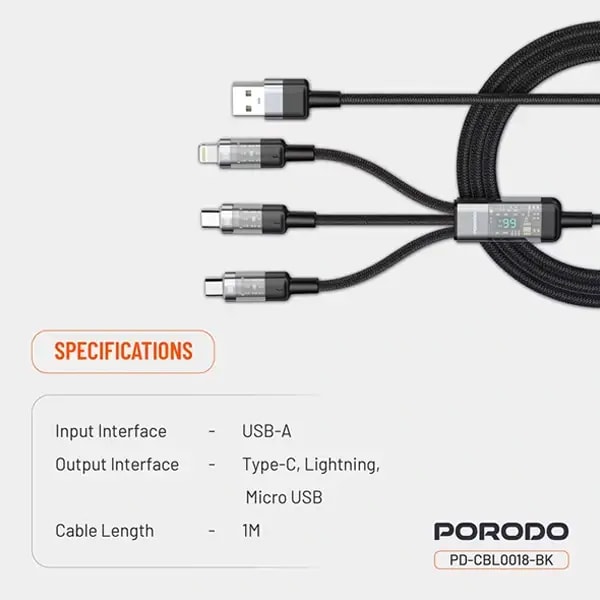 Câble tressé de charge rapide Porodo avec entrée USB-A transparent – 3en1 – universel – 66W – 1m – PD-CBL0018-BK — photo 3