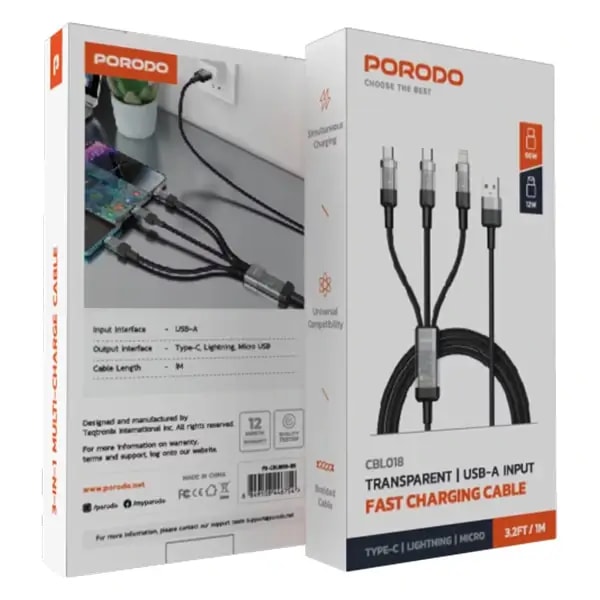 Câble tressé de charge rapide Porodo avec entrée USB-A transparent – 3en1 – universel – 66W – 1m – PD-CBL0018-BK — photo 4