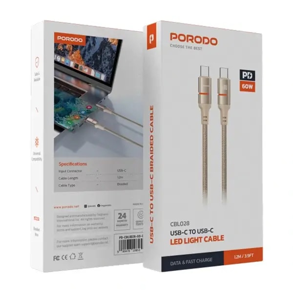 Câble de charge Porodo – Type-C vers Type-C avec lumière LED – 60W – 1,2m, autre vue