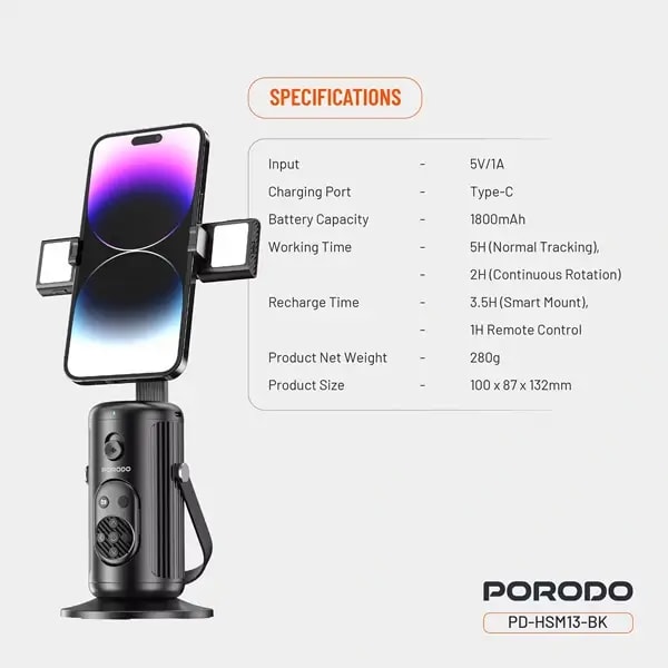 Support de téléphone – selfie intelligent Porodo – Suivi du visage – déclencheur sans fil – lumière amovible – contrôle gestuel – 1800mAh – PD-HSM13-BK – Noir — photo 3