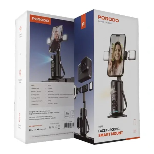 Support de téléphone – selfie intelligent Porodo – Suivi du visage – déclencheur sans fil – lumière amovible – contrôle gestuel – 1800mAh – PD-HSM13-BK – Noir — photo 4