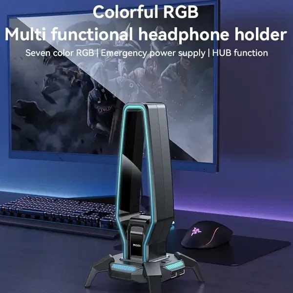 Support casque Yesido HB25 3en1 avec HUB USB et éclairage RGB 7 couleurs — photo 2