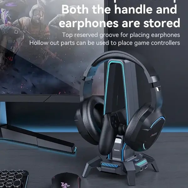Support casque Yesido HB25 3en1 avec HUB USB et éclairage RGB 7 couleurs — photo 3