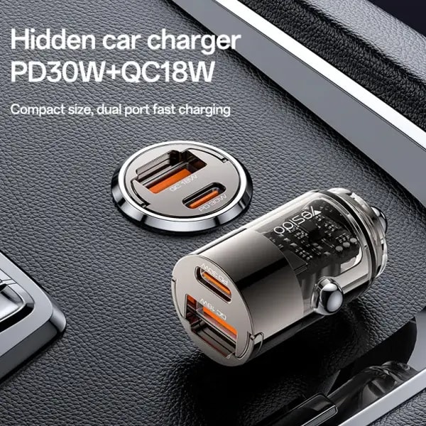 YESIDO – Chargeur Voiture – Design Transparent avec Anneau de Traction – Alliage d’Aluminium – Double Charge Rapide PD 30W + QC 18W – Connecteurs Discrets – SUPER FAST Y68 — photo 2