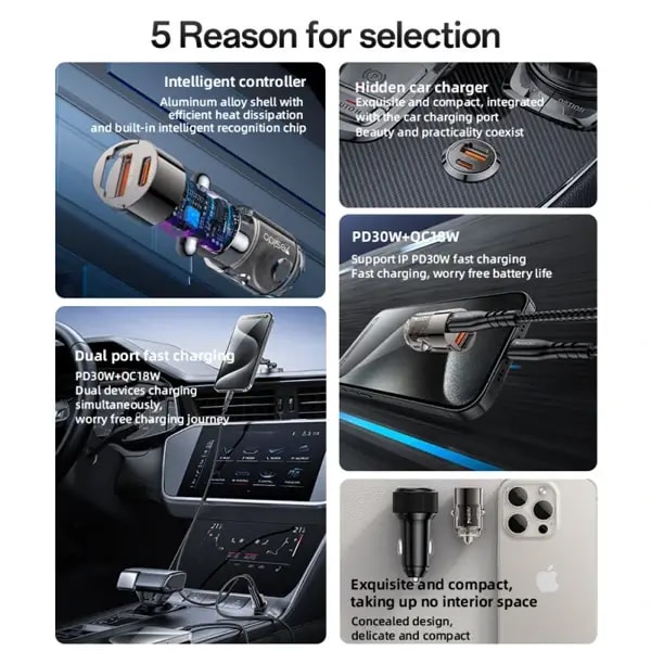 YESIDO – Chargeur Voiture – Design Transparent avec Anneau de Traction – Alliage d’Aluminium – Double Charge Rapide PD 30W + QC 18W – Connecteurs Discrets – SUPER FAST Y68 — photo 3