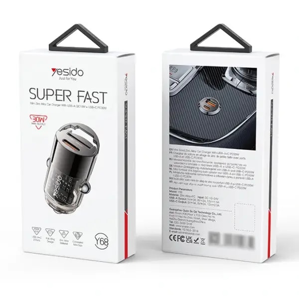 YESIDO – Chargeur Voiture – Design Transparent avec Anneau de Traction – Alliage d’Aluminium – Double Charge Rapide PD 30W + QC 18W – Connecteurs Discrets – SUPER FAST Y68 — photo 4