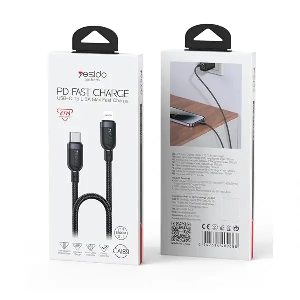 Câble tressé de charge rapide et de transfert de données Yesido – 1,2m – 27W type-c vers IP Max avec 480Mbps, vue 3