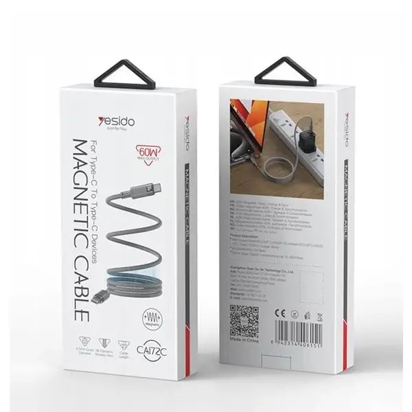 Câble tressé magnétique à la charge rapide et transferts de données Yesido – 60W – USB-C vers USB-C -1m – 3A – Gris – CA172C — photo 1