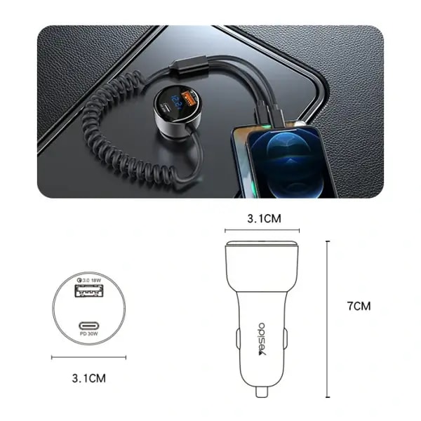 Chargeur voiture rapide avec ports intégrés – Y58 – YESIDO – Type-C et Lightning – 60W – Allume-cigare — photo 2