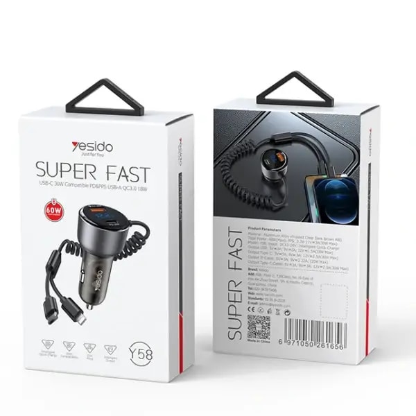Chargeur voiture rapide avec ports intégrés – Y58 – YESIDO – Type-C et Lightning – 60W – Allume-cigare — photo 4