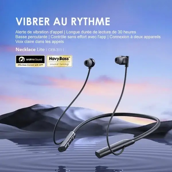 Écouteur Necklace Lite Oraimo – 30H d’autonomie – Bluetooth – IPX4 – Basses Puissantes et Vibration d’Appel – Beige – OEB-311 — photo 2