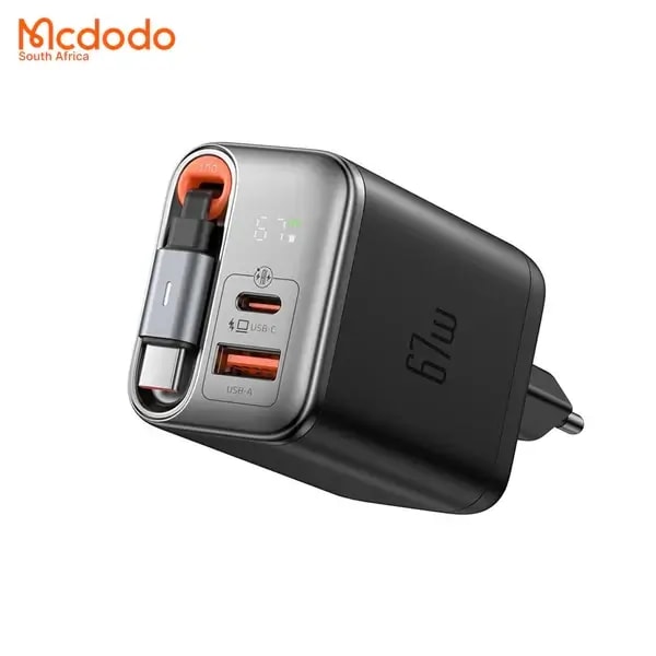 Chargeur avec affichage LED Mcdodo – 67 W GaN – Câble type‑c rétractable de 65 cm intégré – 1 port type-c et 1 port USB – CH-4100 — photo 2