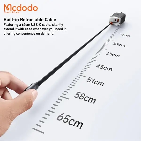 Chargeur avec affichage LED Mcdodo – 67 W GaN – Câble type‑c rétractable de 65 cm intégré – 1 port type-c et 1 port USB – CH-4100 — photo 3