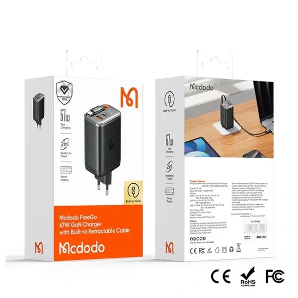 Chargeur avec affichage LED Mcdodo – 67 W GaN – Câble type‑c rétractable de 65 cm intégré – 1 port type-c et 1 port USB – CH-4100 — photo 4