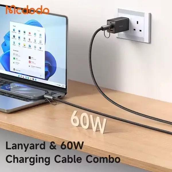 Câble de charge rapide en bandoulière 2en1 Mcdodo – 60W – Type-C vers Type-C – 1.2m – CA-683 – Noir — photo 3