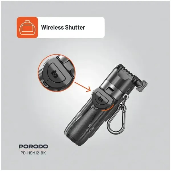 Perche à selfie sans fil pliable Porodo avec trépied extensible – 41cm – BT 5.2 – Batterie 55 mAh – 5000 prises – Rotation 360° – PD-HSM12 – Noir — photo 3