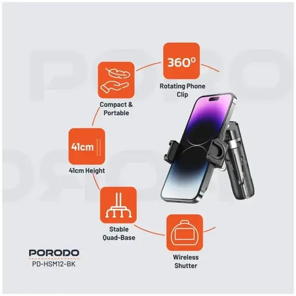 Perche à selfie sans fil pliable Porodo avec trépied extensible – 41cm – BT 5.2 – Batterie 55 mAh – 5000 prises – Rotation 360° – PD-HSM12 – Noir — photo 4