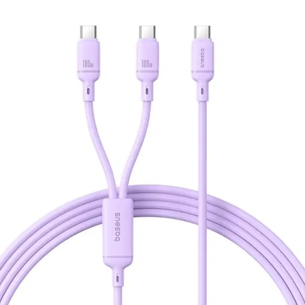 Câble de charge rapide et de transfert de données Baseus New pudding – 2en1 – 1,5m – 100W – Type-C vers 2 Type-C – Violet Nébuleux – P10377701511-00 — photo 1