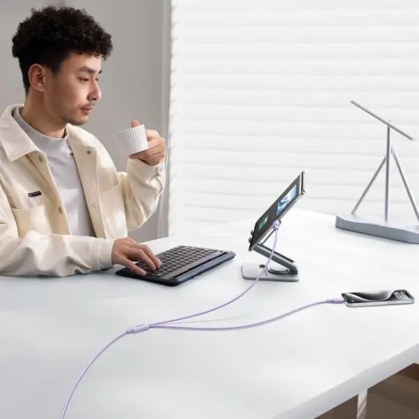 Câble de charge rapide et de transfert de données Baseus New pudding – 2en1 – 1,5m – 100W – Type-C vers 2 Type-C – Violet Nébuleux – P10377701511-00 — photo 2