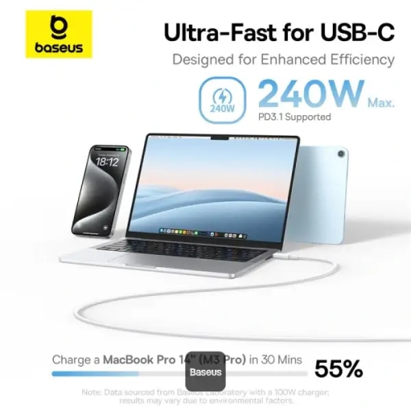 Câble de charge rapide et de transfert de données Baseus PicoGo – 1m – 240W – Type-C vers Type-C – Blanc – P10376800211-00 — photo 2