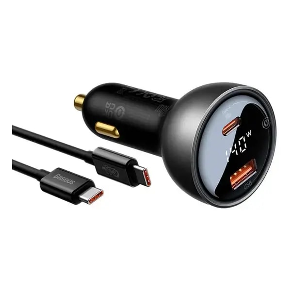 Chargeur de voiture rapide Baseus avec câble type-c intégré – 2 supports – USB et type-C – 140W – Noir – CGZX070001 — photo 1