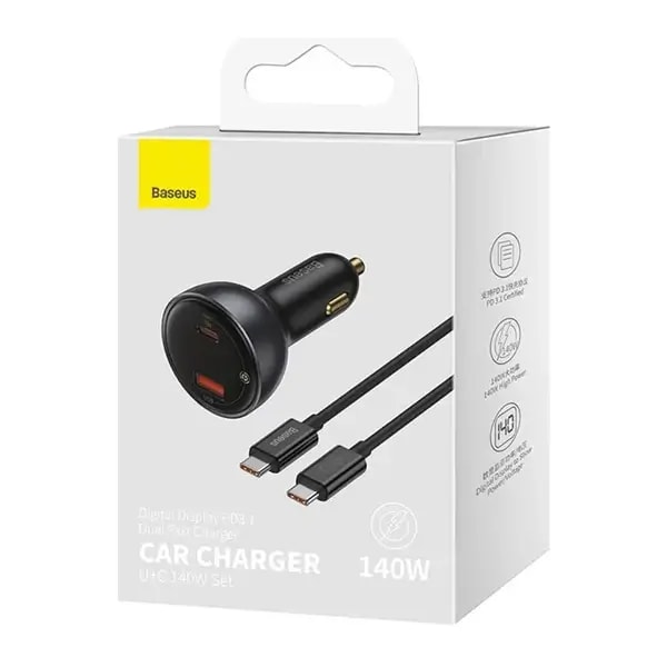 Chargeur de voiture rapide Baseus avec câble type-c intégré – 2 supports – USB et type-C – 140W – Noir – CGZX070001 — photo 2