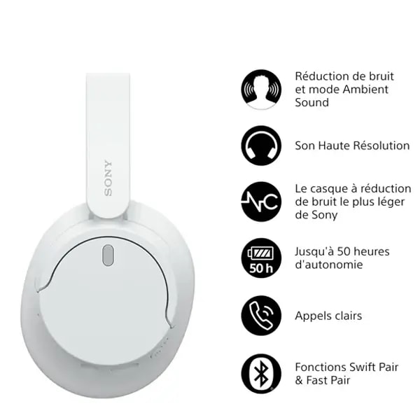 Casque supra-auriculaire sans fil Sony – BT – Réduction de Bruit – 35H d’autonomie – Micro intégré – Blanc – WH-CH720N — photo 2