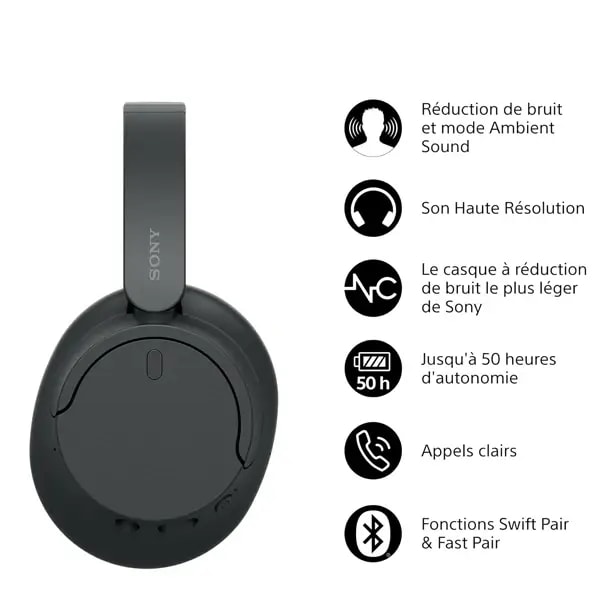 Casque supra-auriculaire sans fil Sony – BT – Réduction de Bruit – 35H d’autonomie – Micro intégré – Noir – WH-CH720N — photo 2