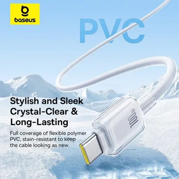 Câble de charge rapide et de transfert de données Baseus Crystal – Type-C vers Type-C – 1m – 100W – Blanc, vue 3