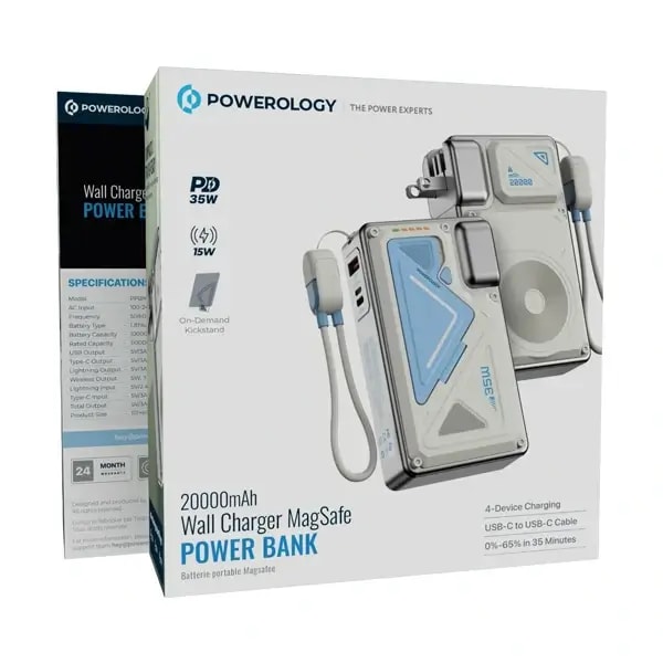Powerbank avec option chargeur mural et MagSafe intégré Powerology – 20 000mAh – Protection contre la surchauffe – Capacité de charge de 4 appareils simultanément – Support pliable intégré – PPBMH104WH — photo 1