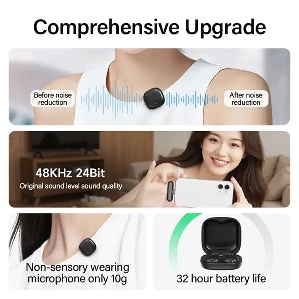 Micro cravate sans fil mini Lavalier Mic Yesido – 2 microphones – 8h d’autonomie – Connecteur Type-C – IA Réduction de bruit – Wifi – Type-C – 50m sans obstacle – KR21 — photo 2