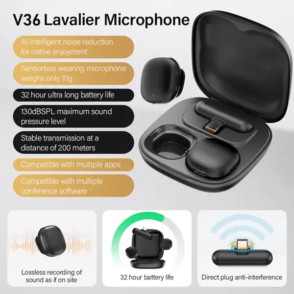 Micro cravate sans fil mini Lavalier Mic Yesido – 2 microphones – 8h d’autonomie – Connecteur Type-C – IA Réduction de bruit – Wifi – Type-C – 50m sans obstacle – KR21 — photo 3