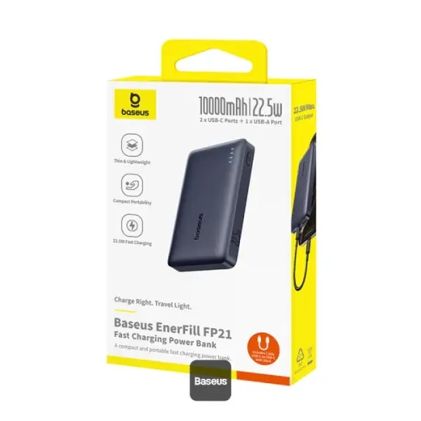PowerBank à charge rapide Baseus EnerFill FP21 – 10000mAh – 22,5W – 1 support USB et 2 supports type-c – Indicateur lumineux pour suivre le niveau de batterie – Noir – P1008210D123-00 — photo 3