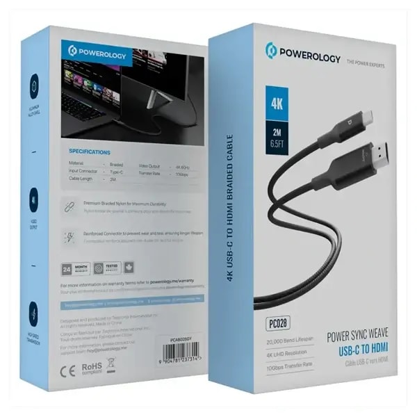 Câble de charge rapide Powerology – 2M – Type-C vers HDMI V3.1 – Prise en charge de sortie vidéo 4K – Gaine en alliage d’aluminium tressée en nylon – Gris foncé – PCAB028GY — photo 2