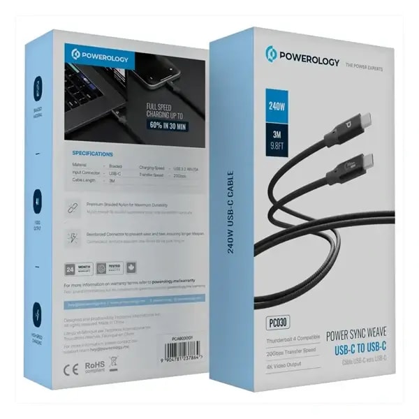 Câble de charge rapide et transfert de données Powerology – Type-C vers Type-C – 240W – 3m- PCAB030GY — photo 2
