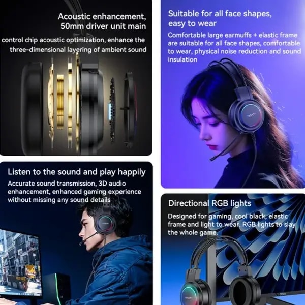 Casque filaire Yesido – Lumière RGB avec microphone intégré – Compatibilité avec téléphone portable, tablette, ordinateur portable – EK05 — photo 2