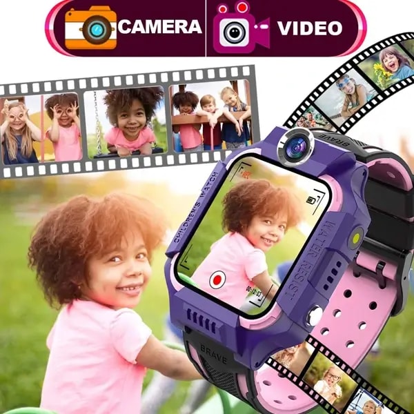 Montre connectée avec puce pour enfant Smart Barry K8 – Écran 1,44″ – Écran tactile – IP67 – GPS – SOS – Caméra – Appel – Cadran violet et bracelet noir — photo 4