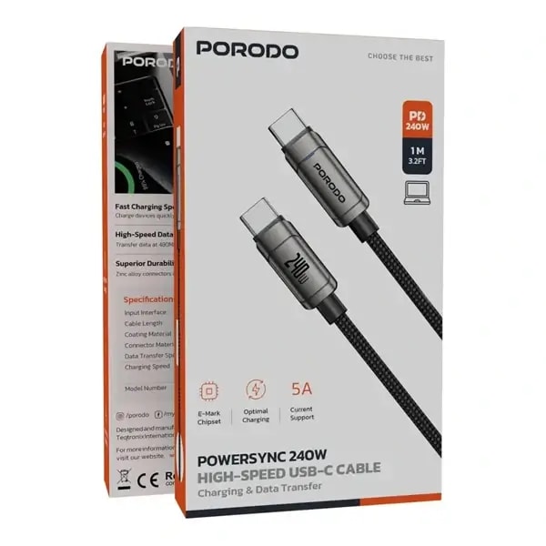 Câble de charge rapide et transfert de données Porodo – 240W – 1M – Type-C vers Type-C – PDUC95GY — photo 2