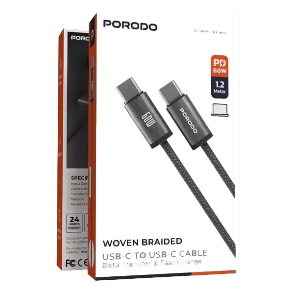 Câble tressé de charge et transfert de données Porodo – 60W – Type-C vers Type-C – 1,2M – Vitesse de transfert, autre vue