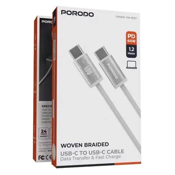 Câble tressé de charge et transfert de données Porodo – 60W – Type-C vers Type-C – 1,2M – Vitesse de transfert, autre vue