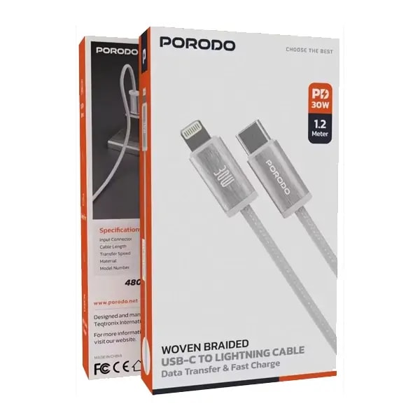 Câble tressé de charge et transfert de données Porodo – 30W – Type-C vers Lightning – 1,2M – Vitesse de, autre vue