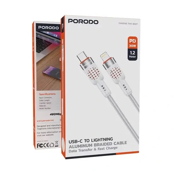 Câble tressé de charge et transfert de données Porodo – 30W – Type-C vers Lightning – 1,2M – Vitesse de, autre vue