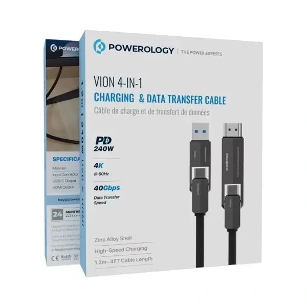Câble de chargement rapide et de transfert de données VION 4-en-1 Powerology – 240W – 1,2m – Type-C et HDMI – Type-C et USB – 4K – PCAB034BK — photo 3