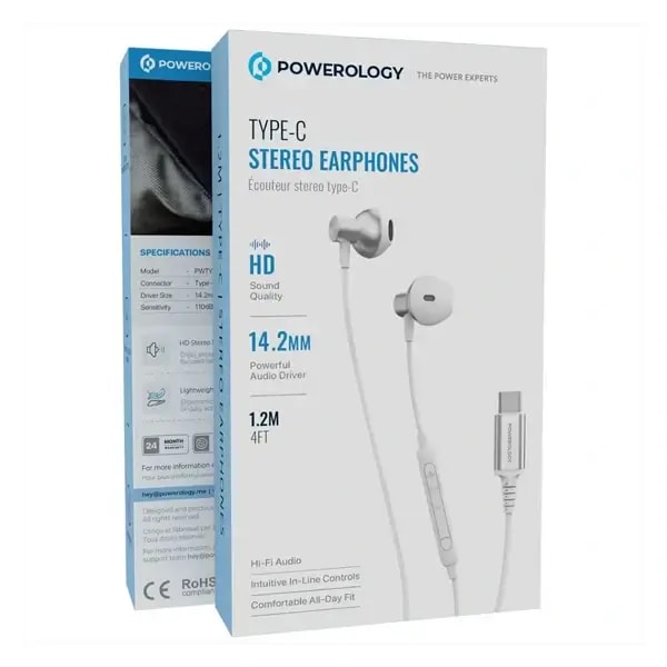 Écouteur stéréo filaire Powerology – Type-C – 1,2m – Qualité sonore HD Haut-parleur audio puissant – Commande de volume intégré – Basse profonde – PWTYPECSTWH — photo 3