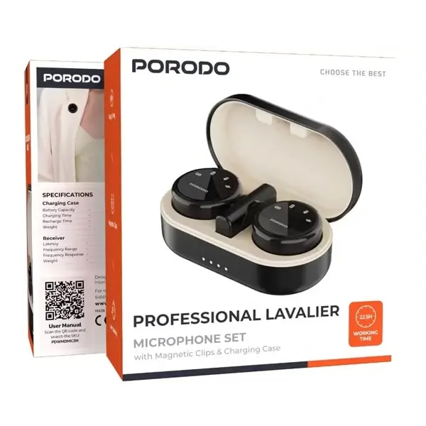 Micro cravate Porodo Professional Lavalier – 2 Transmetteurs et 1 Récepteur – Connecteur Type-C + Lightning pour iPhone -23h d’autonomie – PDWMDMICBK — photo 3