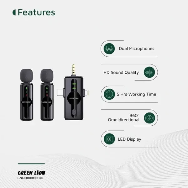 Micro sans fil 3en1 Green Lion Store GM-80X – 5h d’autonomie – 2 micros et 3 récepteurs Type-C, Lightning et USB-A – Qualité sonore HD – GNGM80XMICBK — photo 2