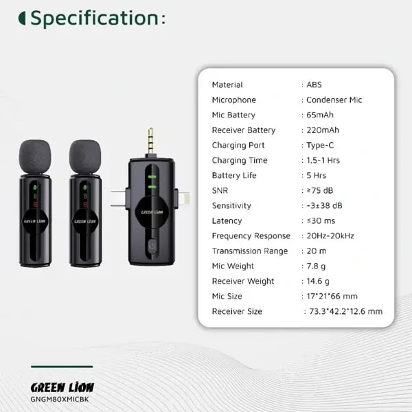 Micro sans fil 3en1 Green Lion Store GM-80X – 5h d’autonomie – 2 micros et 3 récepteurs Type-C, Lightning et USB-A – Qualité sonore HD – GNGM80XMICBK — photo 3