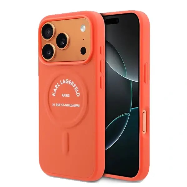 Coque pour iPhone 17 Pro Max Karl Lagerfeld en PU – Compatible MagSafe – Protection des rayures – Orange – KLOHMP17XPSKRSGEO — photo 2