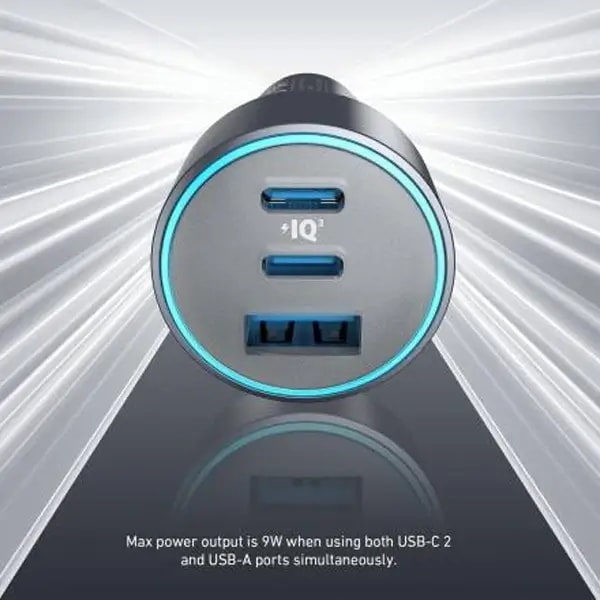 Chargeur de voiture compact avec câble type-c Anker 335 Car Charger – 67W – 2 ports Type-C et 1 port USB, autre vue
