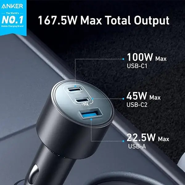 Chargeur de voiture compact avec câble type-c Anker Nano Car Charger – 167,5W – 2 ports Type-C et 1 port USB – B2737HA1 — photo 2